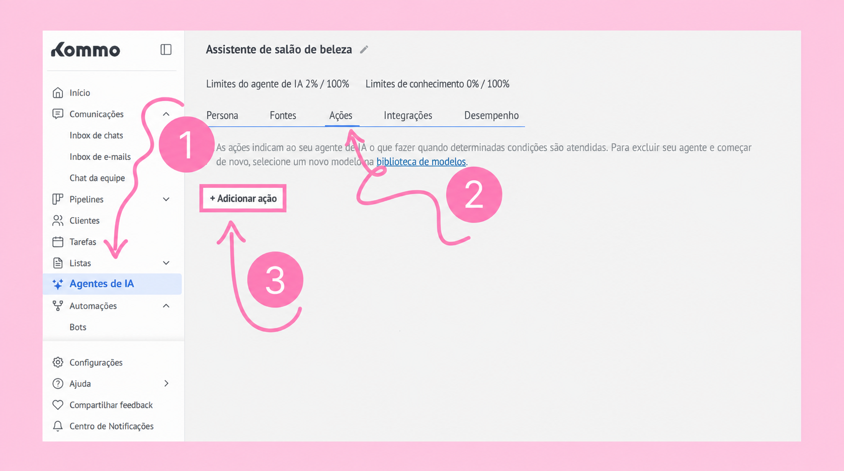 Instructions for adding actions in the AI agents section of the application.